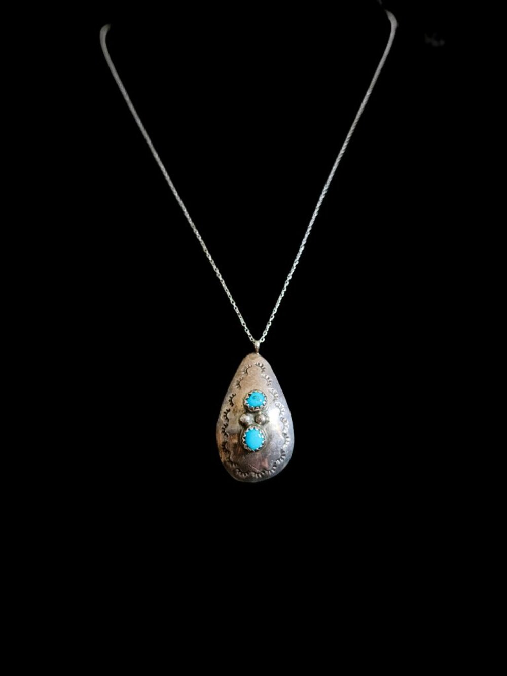VTG Navajo 925 Sterling Silver Turquoise Pendant Necklace Lincoln Robert 1970s